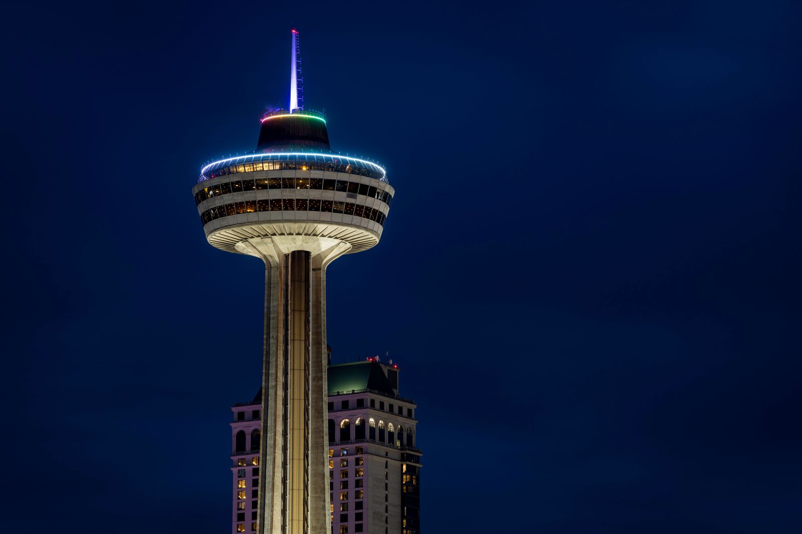 The falls lit in colour after dark