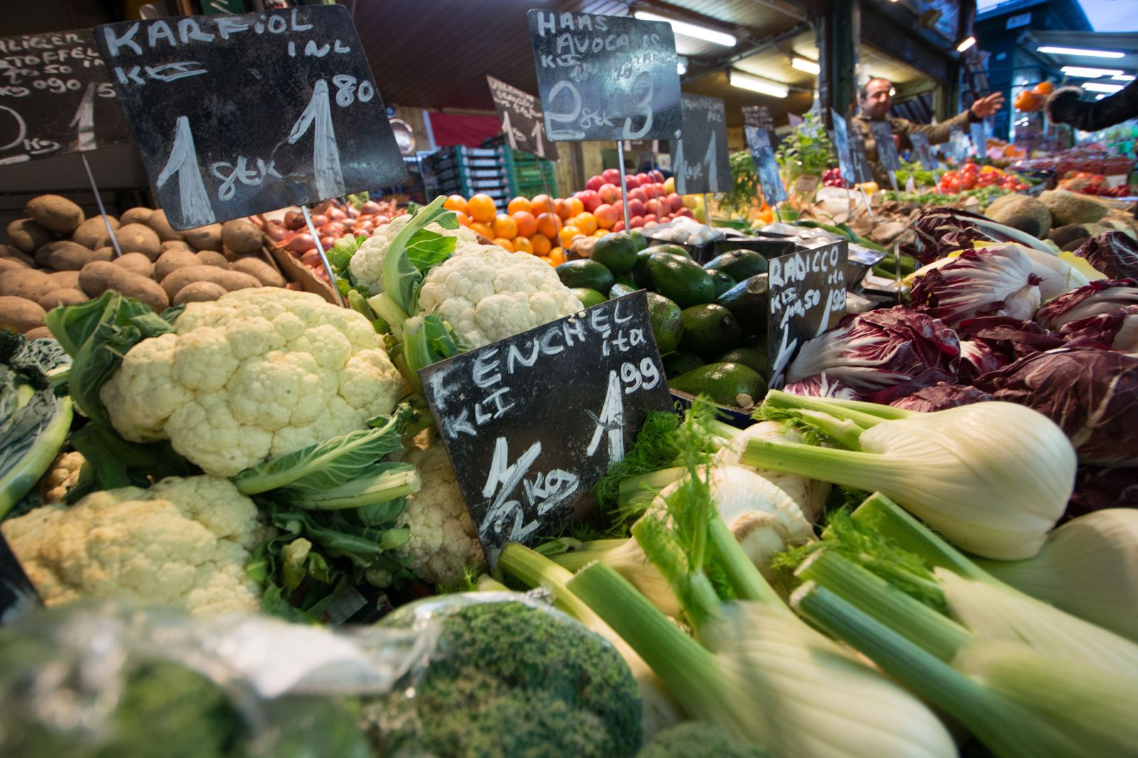 Early Saturday produce at the farmers' market stalls