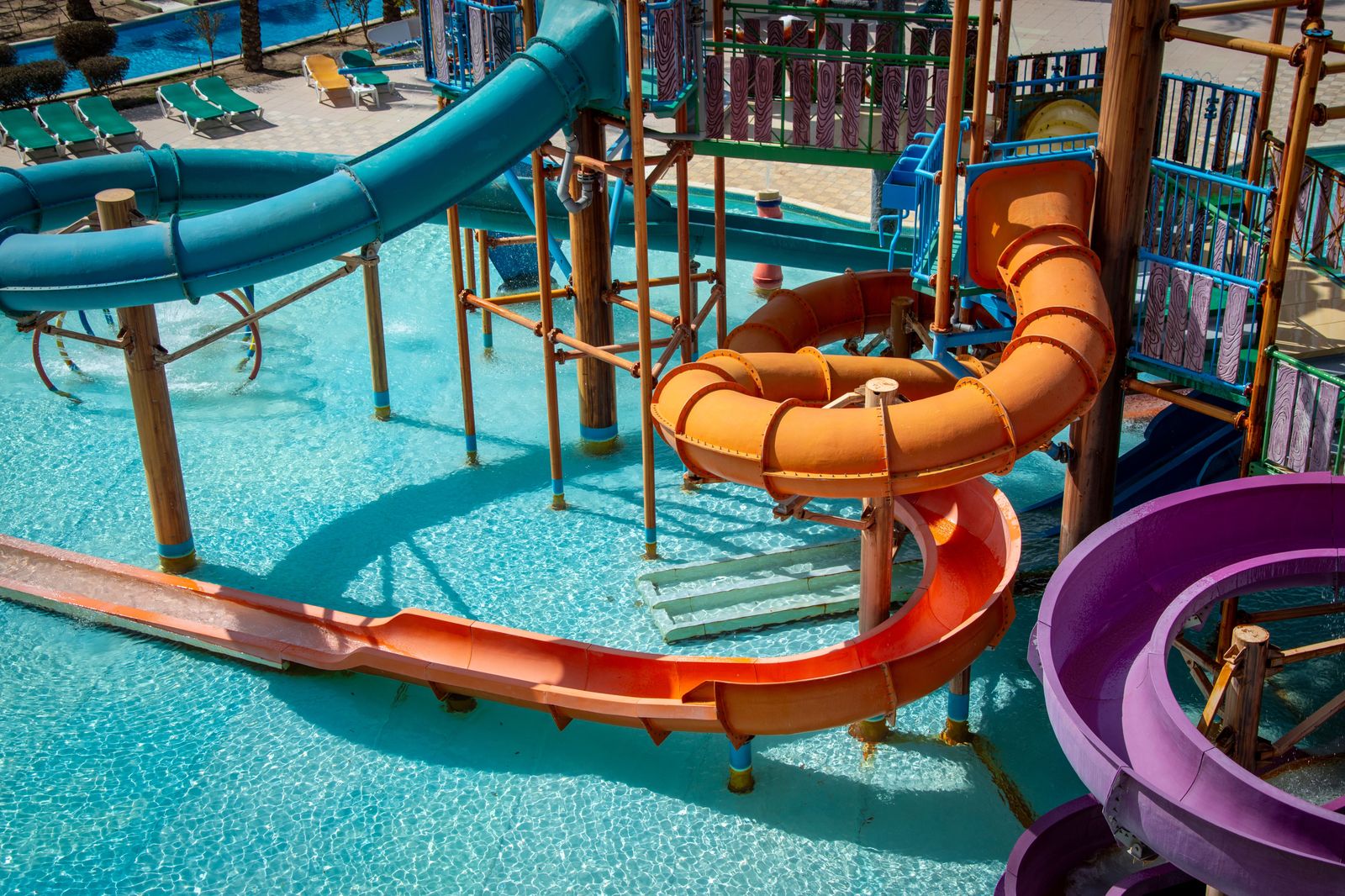 Water slides at a summer water park on a hot afternoon