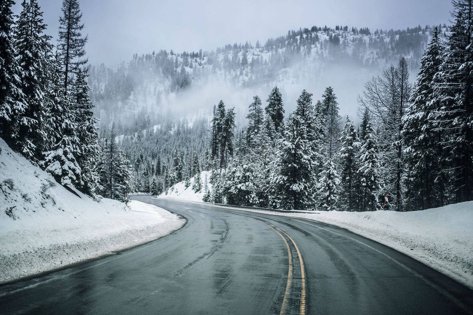 A snowy two-lane highway near Georgian Bay during a winter squall