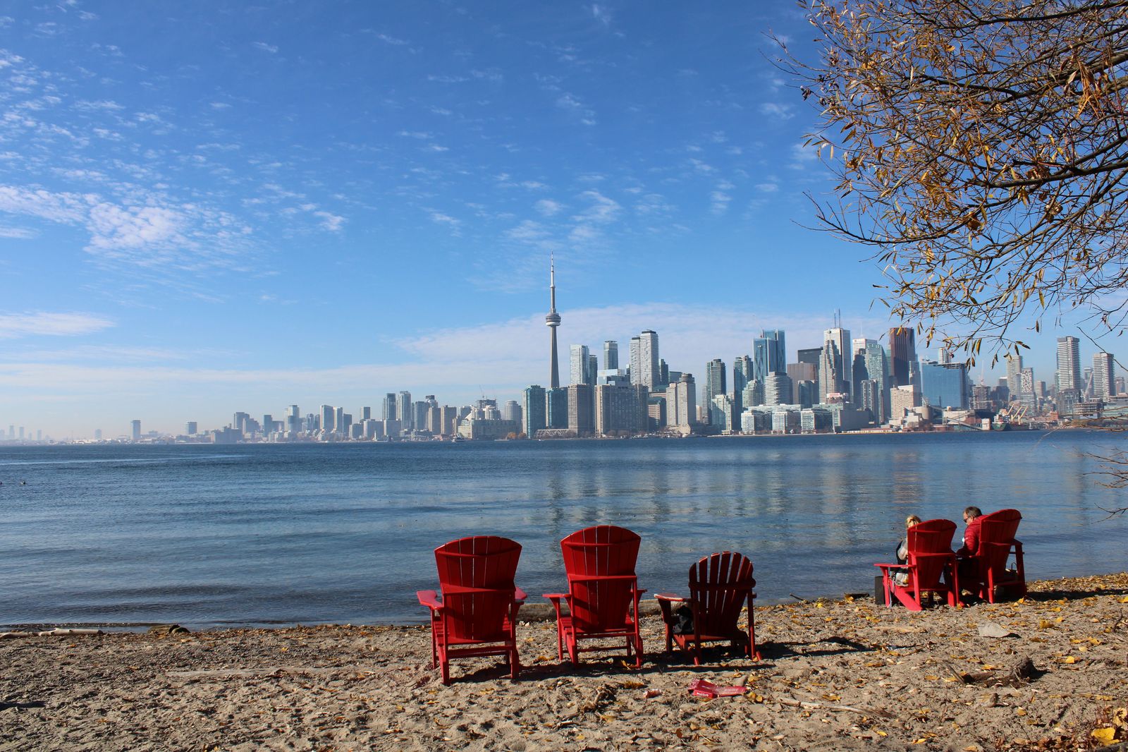 The downtown Toronto skyline seen from a beach on the Toronto Islands