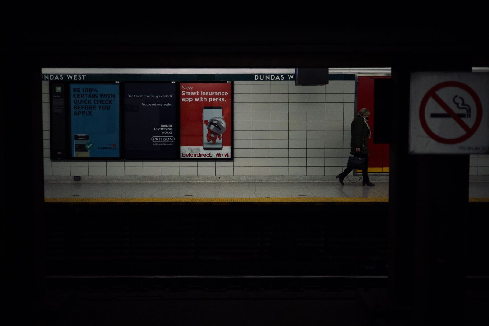 A Toronto subway platform, the first leg of the transit route from North York to the airport