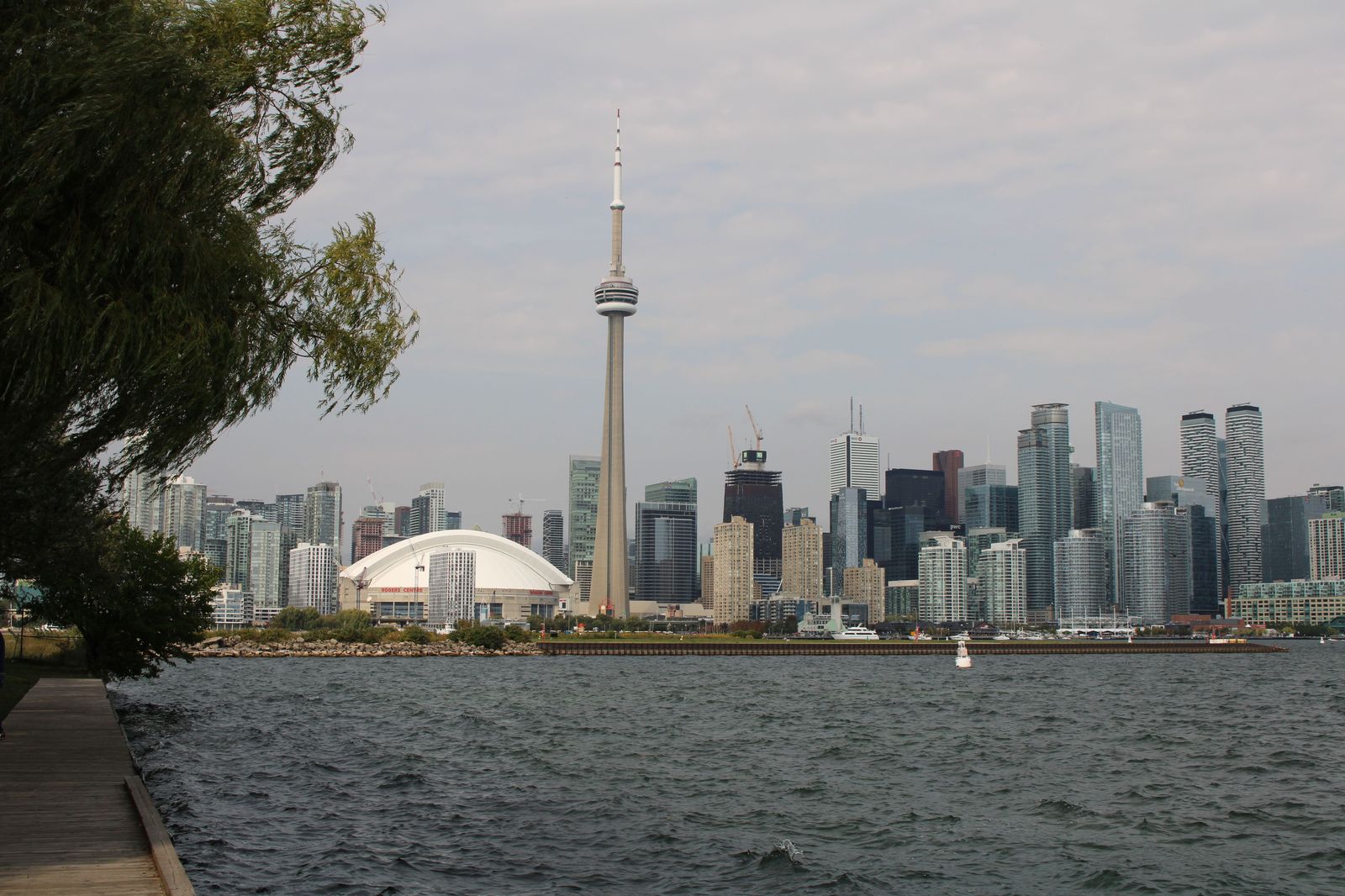 The Toronto waterfront promenade with the skyline behind, part of the walk to Billy Bishop