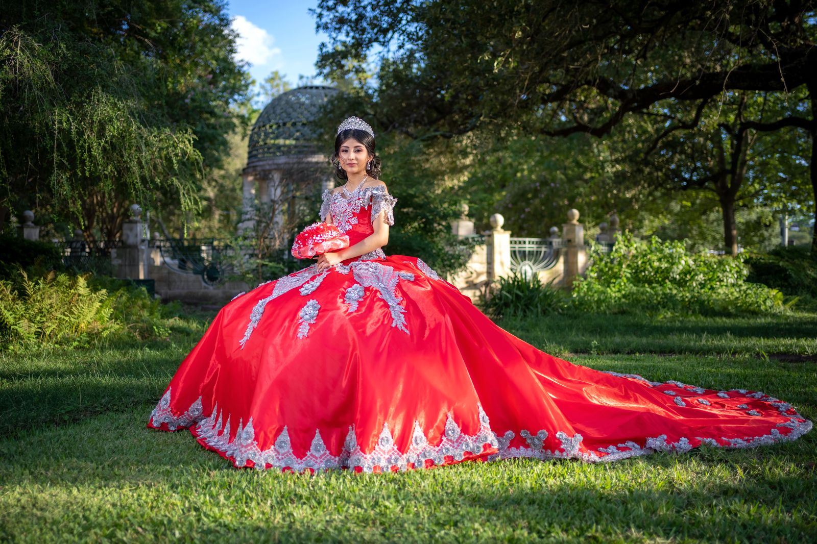 A quinceañera ball gown ready for the entrance at the reception