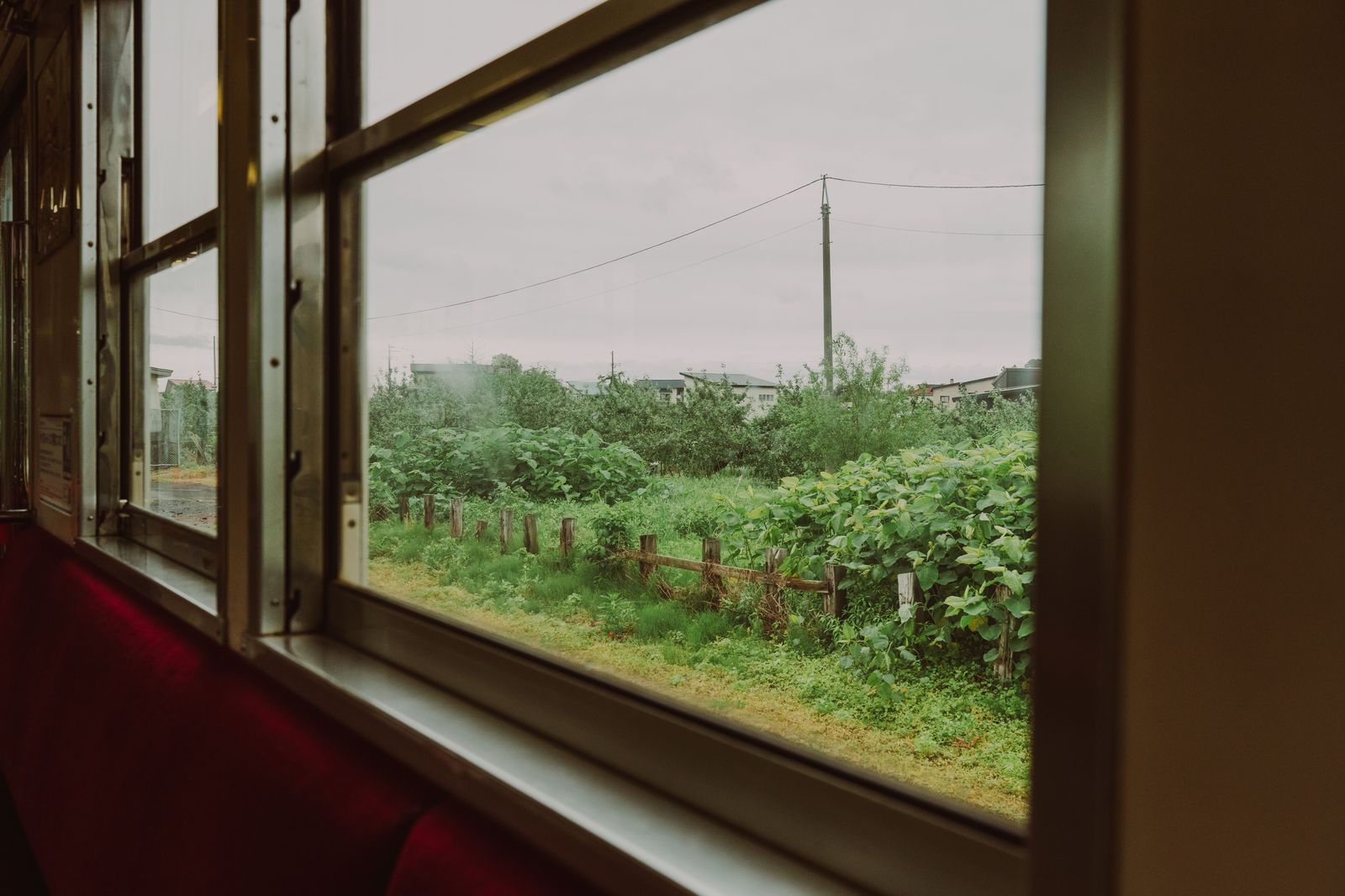View from a train window through the countryside along the Toronto–Kingston–Ottawa rail corridor