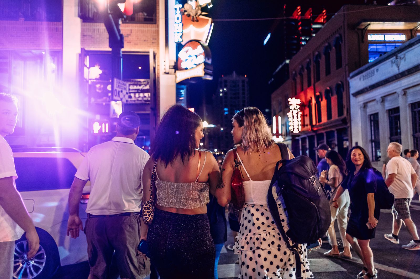 A group of friends heading out together for a night in the city